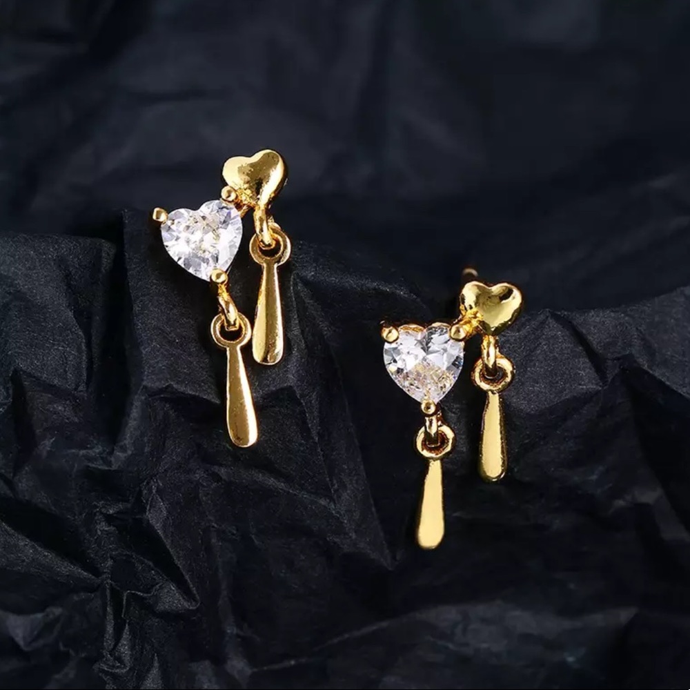 New 18K Gold Vermeil Sterling Silver 925 Crystal Heart Tassel Studs